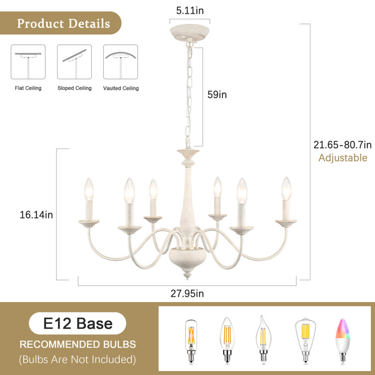 Distressed Cream 6-Light Candle Style Metal Chandelier