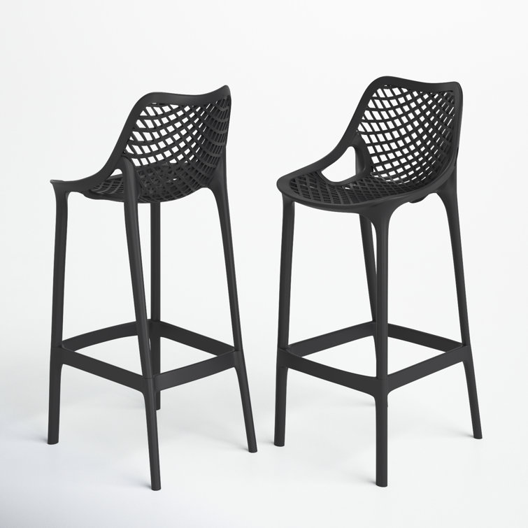 Black Plastic Outdoor Bar Stools with Footrest, Set of 2