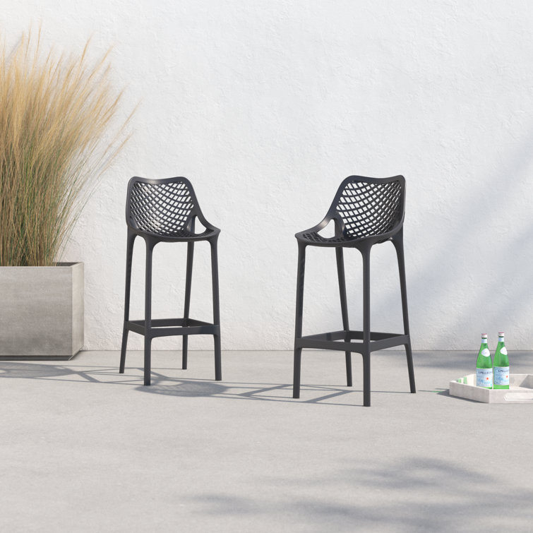 Black Plastic Outdoor Bar Stools with Footrest, Set of 2