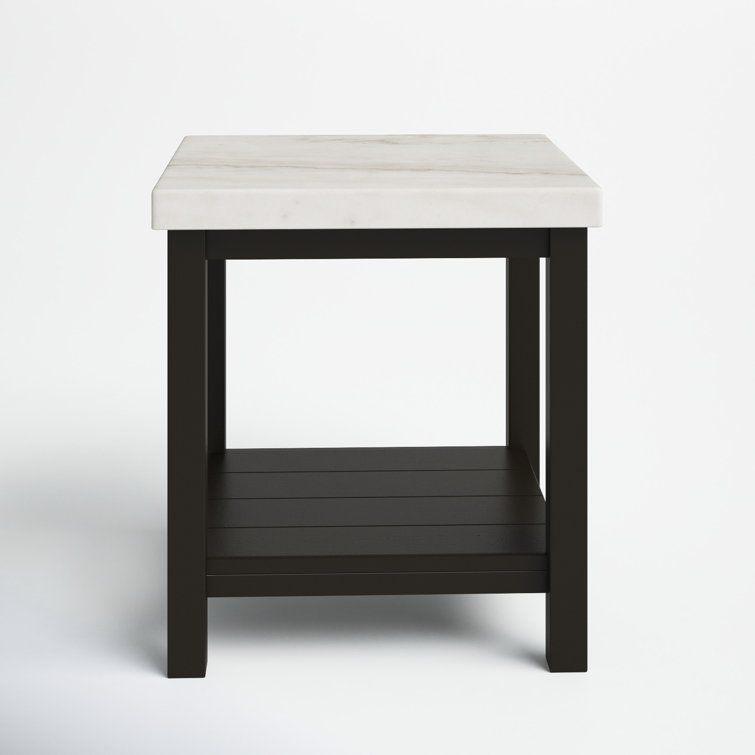 Square Black Acacia Wood End Table with White Marble Top