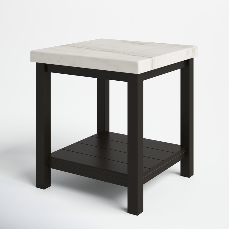 Square Black Acacia Wood End Table with White Marble Top