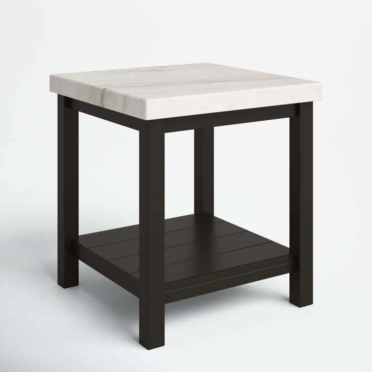 Square Black Acacia Wood End Table with White Marble Top