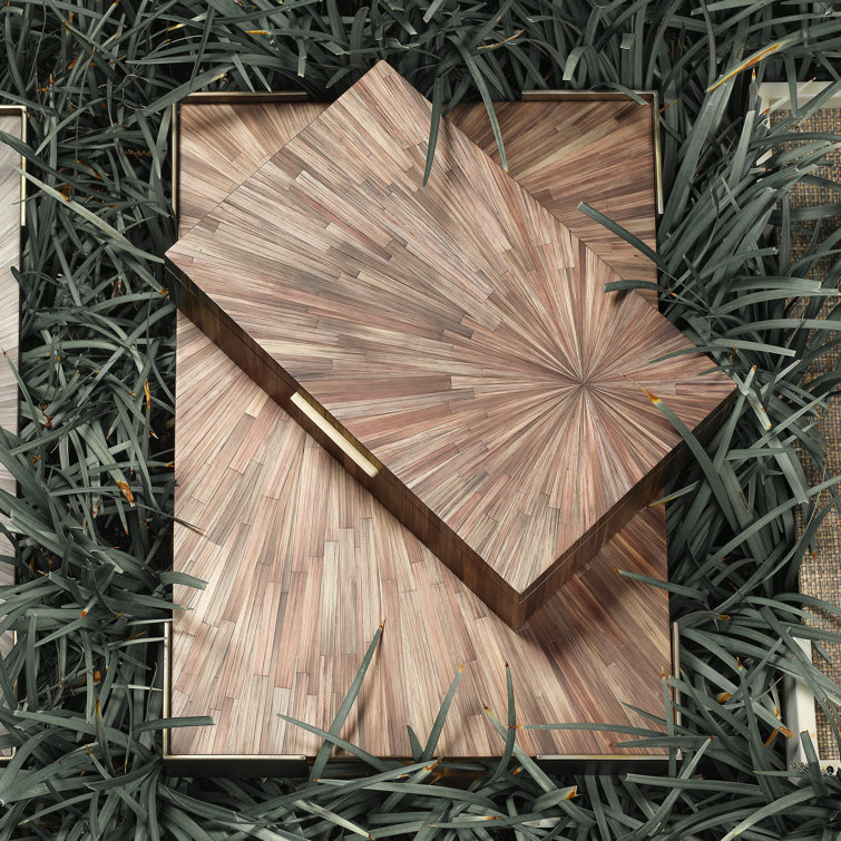 Brown Palm Marquetry Decorative Box with Chambray Lining