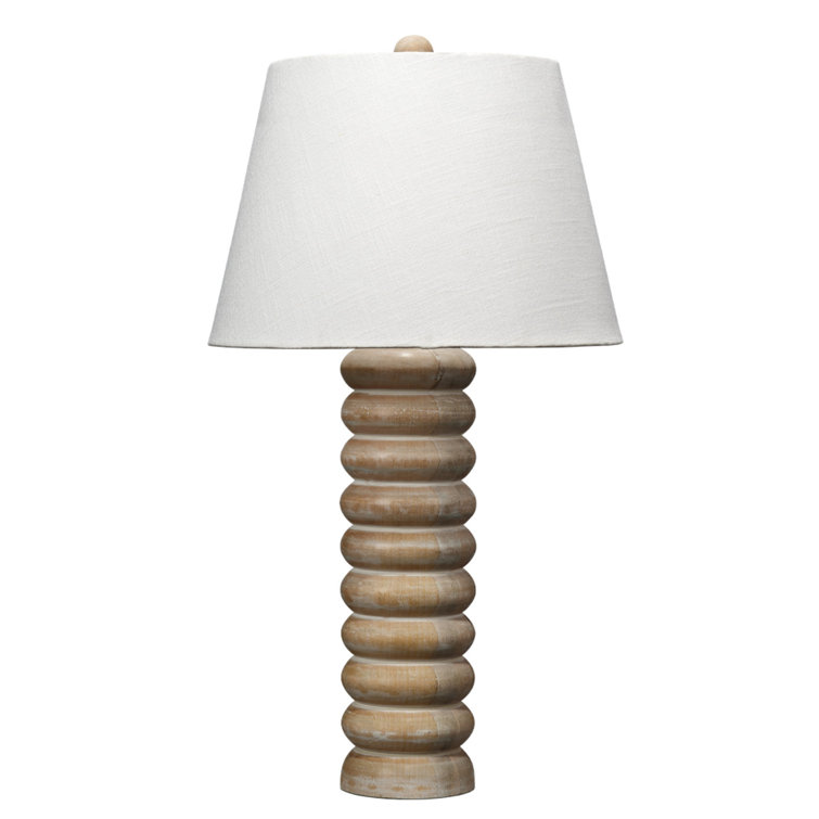 Natural Bleached Wood Beaded Table Lamp with Linen Shade