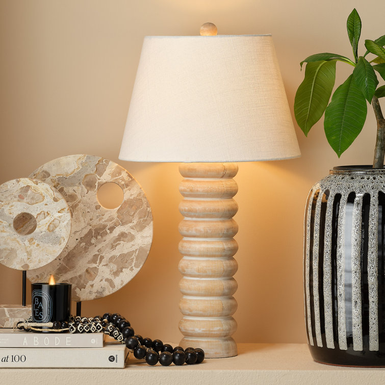 Natural Bleached Wood Beaded Table Lamp with Linen Shade
