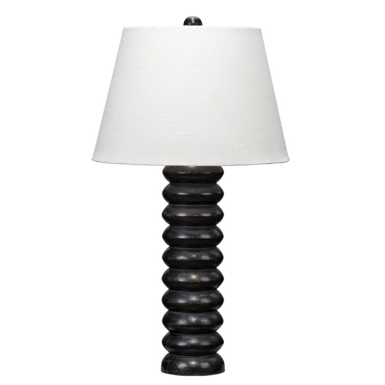 Black Mango Wood Beaded Table Lamp with Linen Shade