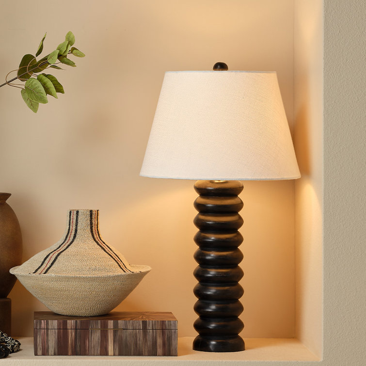 Black Mango Wood Beaded Table Lamp with Linen Shade