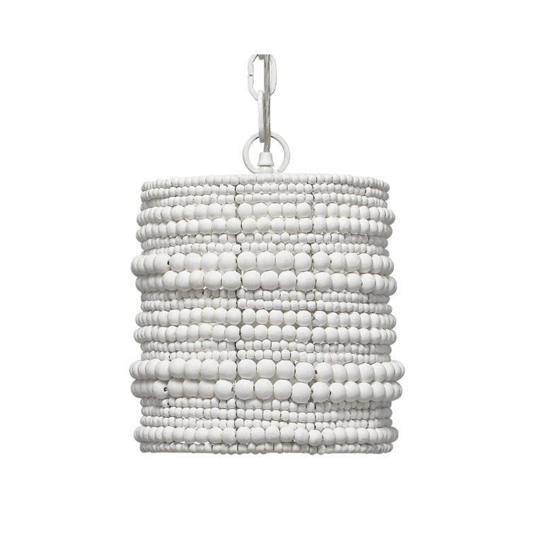 White Hand-Carved Mango Wood Beaded Pendant Light
