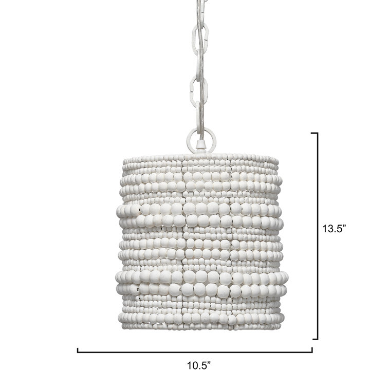White Hand-Carved Mango Wood Beaded Pendant Light