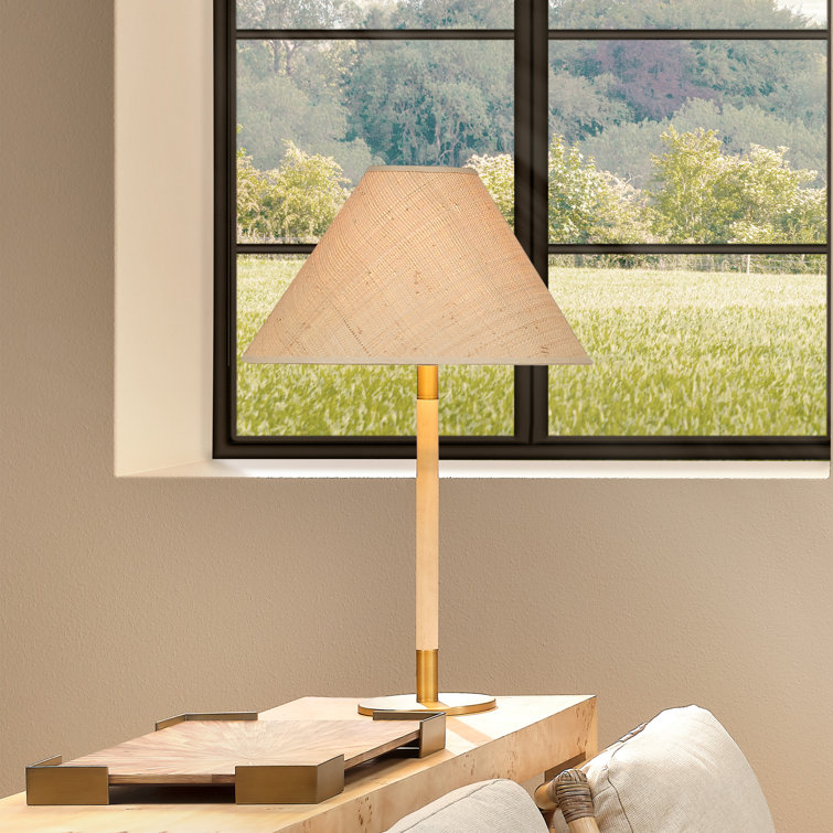 Natural Wood and Brass Table Lamp with Raffia Shade