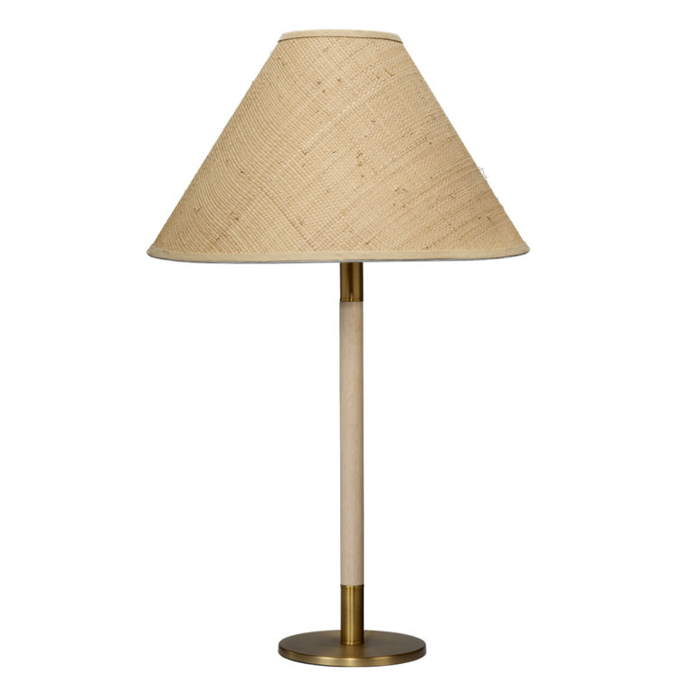 Natural Wood and Brass Table Lamp with Raffia Shade