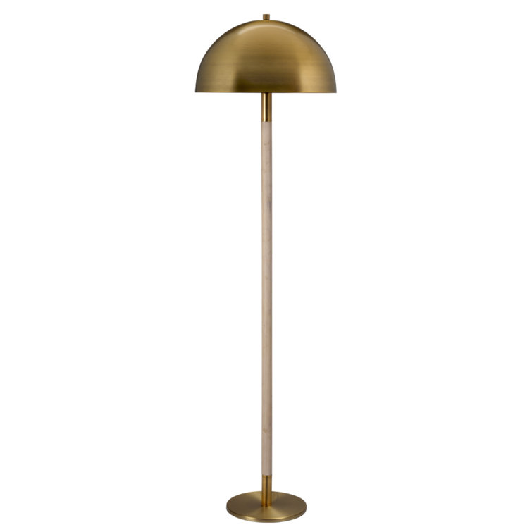 Antique Brass and Natural Wood Floor Lamp with Dome Shade