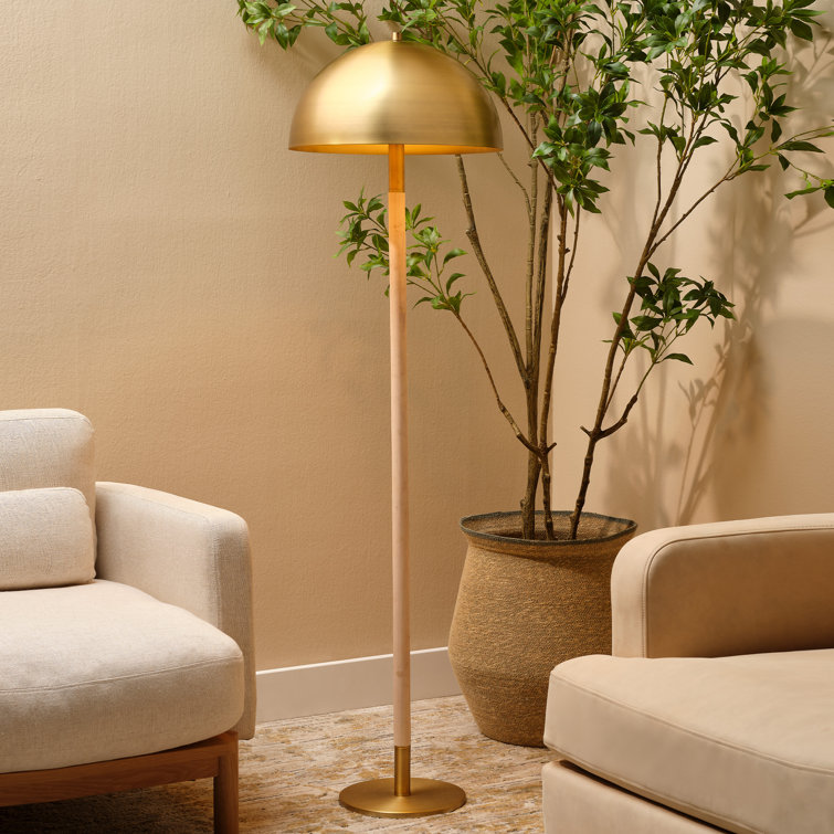 Antique Brass and Natural Wood Floor Lamp with Dome Shade