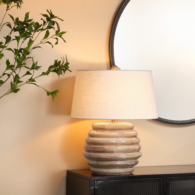 Natural Lacquered Wood Table Lamp with Linen Shade