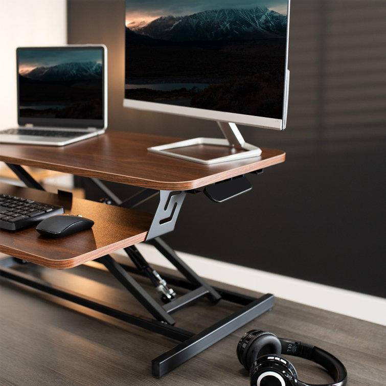Adjustable 32" Dark Walnut & Black X-Frame Standing Desk Converter