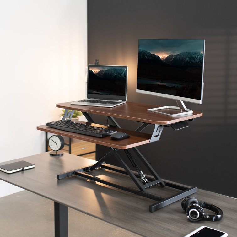 Adjustable 32" Dark Walnut & Black X-Frame Standing Desk Converter