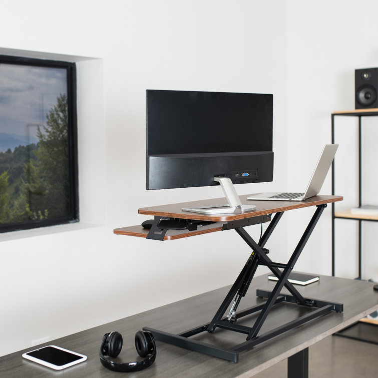 Adjustable 32" Dark Walnut & Black X-Frame Standing Desk Converter