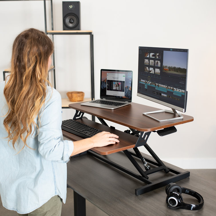 Adjustable 32" Dark Walnut & Black X-Frame Standing Desk Converter