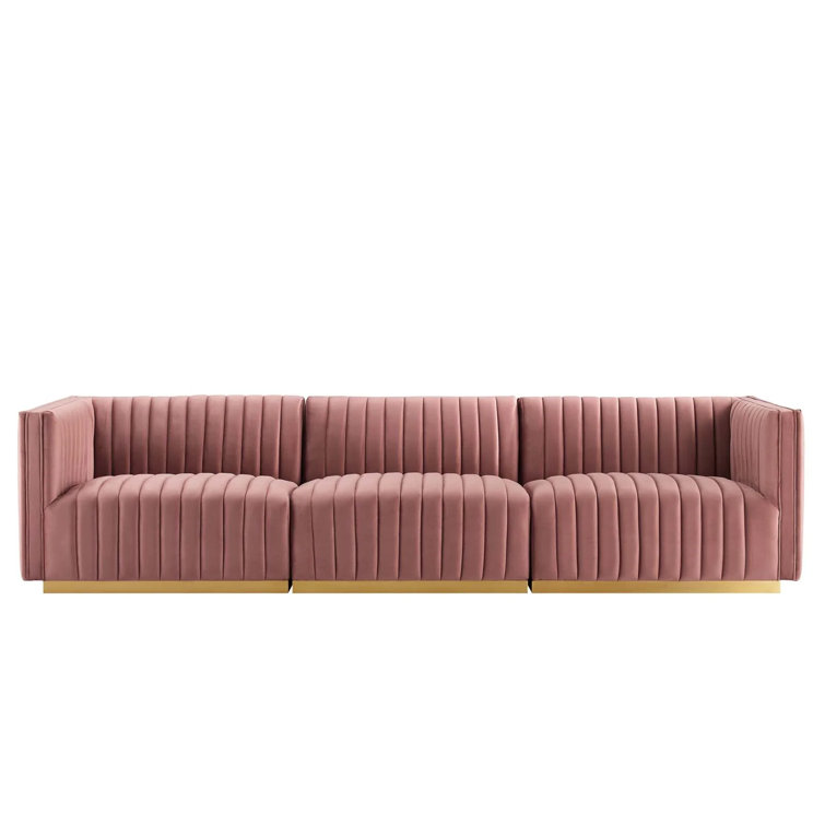 Gold Dusty Rose Velvet Tufted 4-Piece Sofa with Brushed Gold Base
