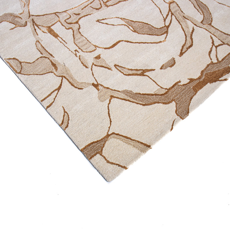 Beige and Brown Abstract Handmade Wool Rug 3'9" x 5'9"