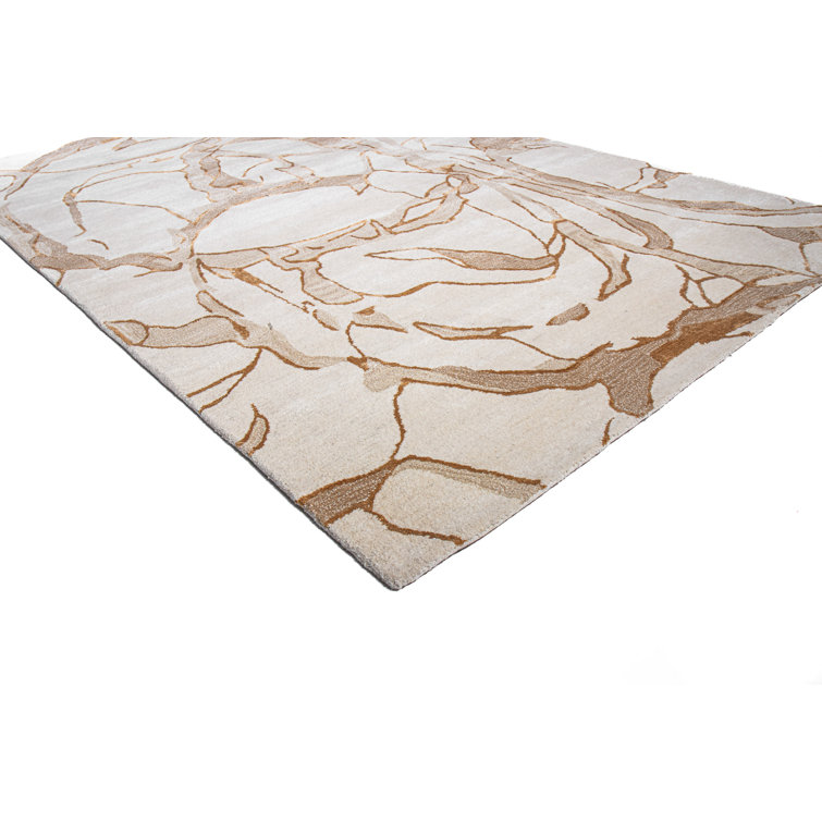 Beige and Brown Abstract Handmade Wool Rug 3'9" x 5'9"