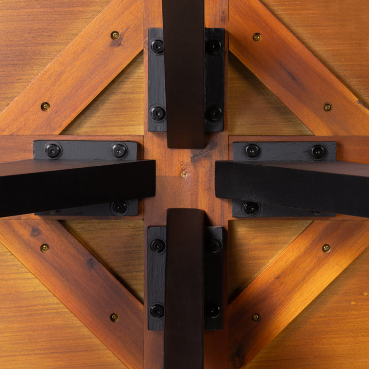 Rustic Acacia Wood Parquet Round Dining Table with Black Legs