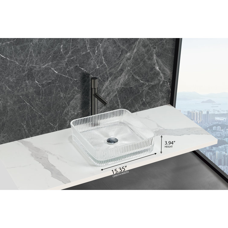 Clear Tempered Glass Square Vessel Bathroom Sink, 15 inches