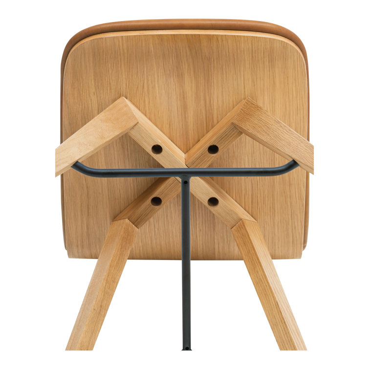 Brown Genuine Leather and Oak Counter Stool with Metal Footrest