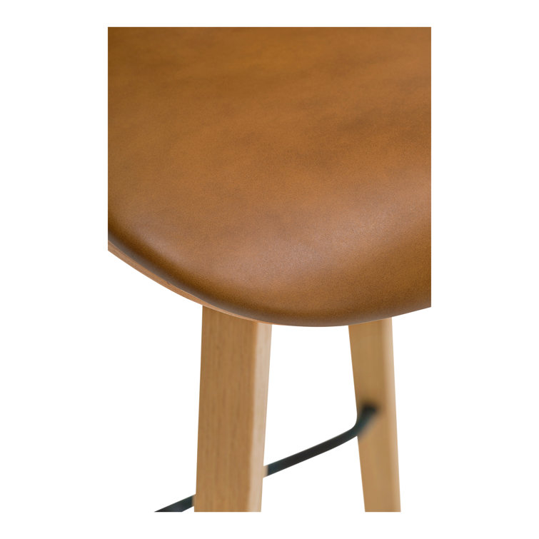 Brown Genuine Leather and Oak Counter Stool with Metal Footrest