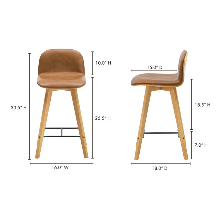 Brown Genuine Leather and Oak Counter Stool with Metal Footrest