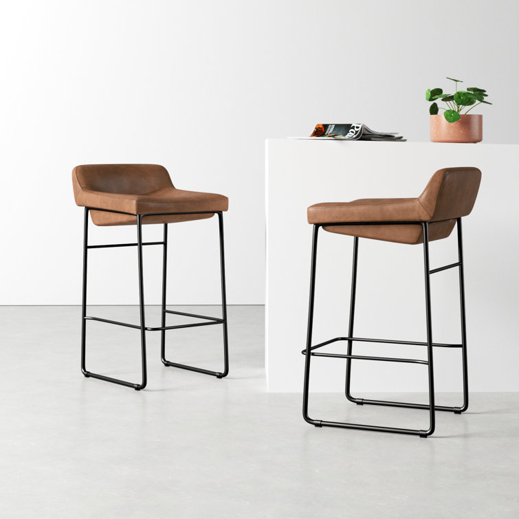 Cappuccino Leather Counter Stool with Iron Legs, Set of 2