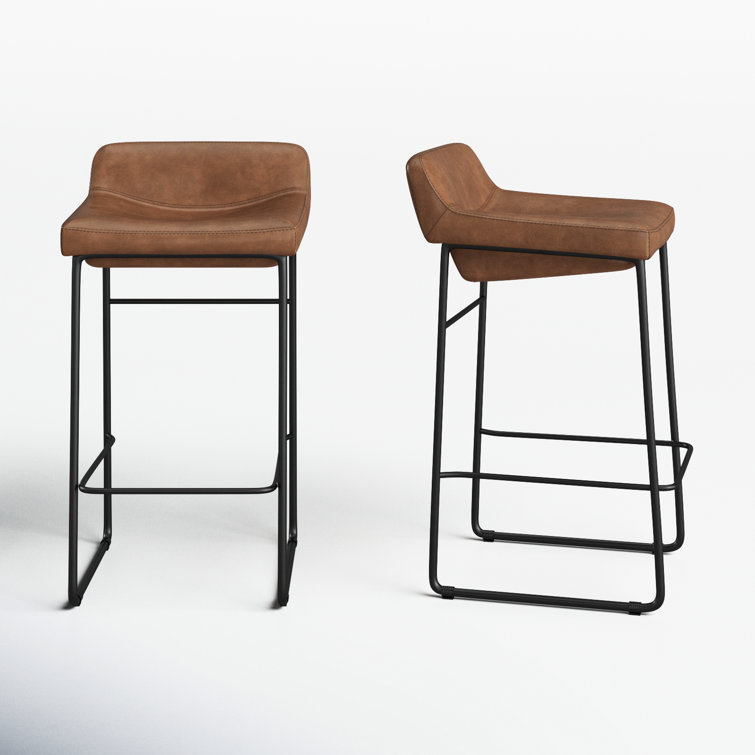 Cappuccino Leather Counter Stool with Iron Legs, Set of 2