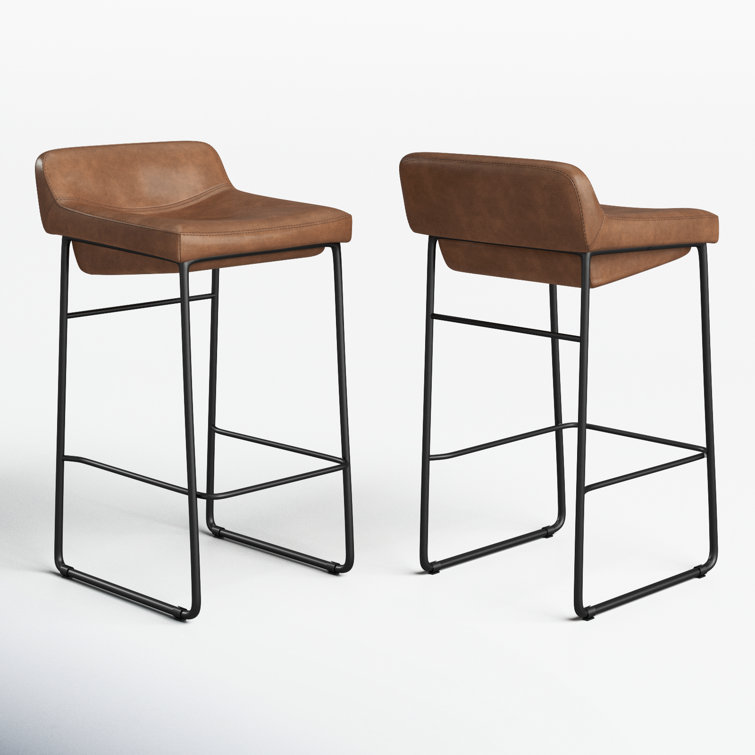 Cappuccino Leather Counter Stool with Iron Legs, Set of 2