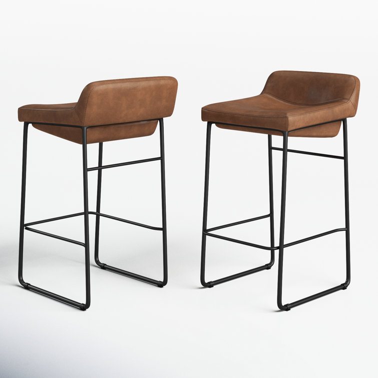 Cappuccino Leather Counter Stool with Iron Legs, Set of 2