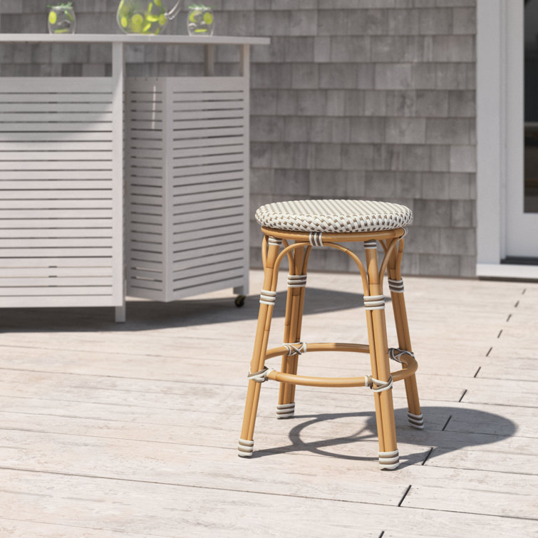 Blue and Natural Wicker Patio Counter Stool with Metal Legs