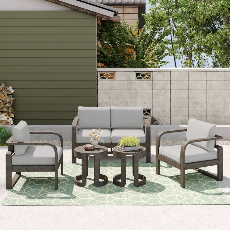 Light Brown Solid Wood 4-Person Outdoor Seating Set with Gray Cushions