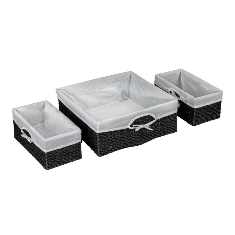Black Wicker Rectangular Storage Basket Set with Liners