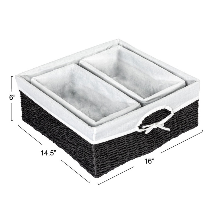 Black Wicker Rectangular Storage Basket Set with Liners