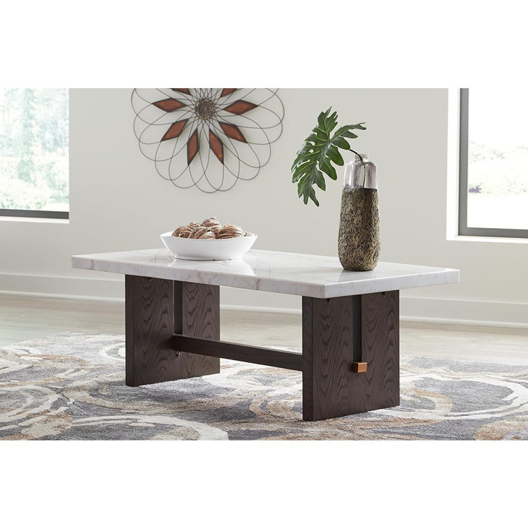 Burkhaus Dark Waxy Brown Oak and Marble Rectangular Coffee Table