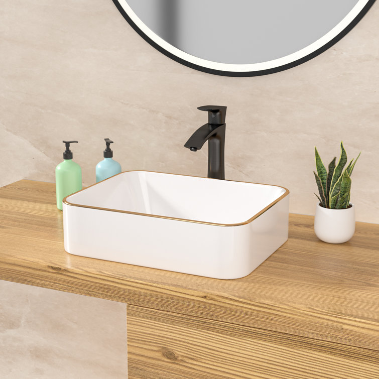 19" White Ceramic Rectangular Vessel Sink with Gold Rim