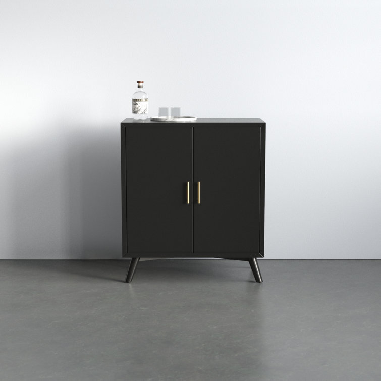 Black Solid and Manufactured Wood Mid-Century Modern Bar Cabinet