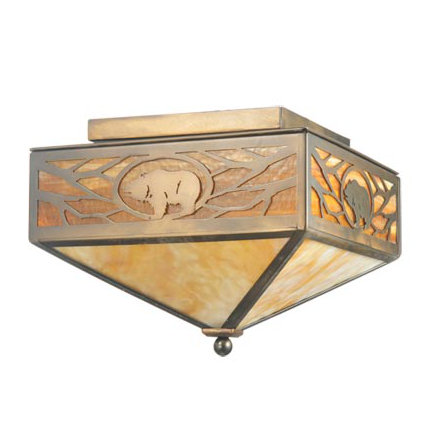 Rustic Bronze Globe 2-Light Flush Mount with Grizzly Bear Design