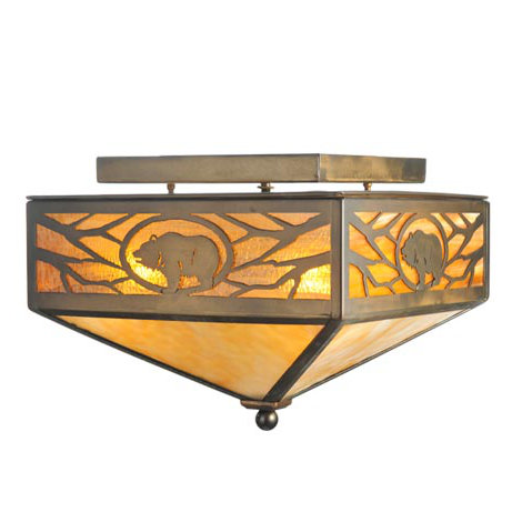 Rustic Bronze Globe 2-Light Flush Mount with Grizzly Bear Design