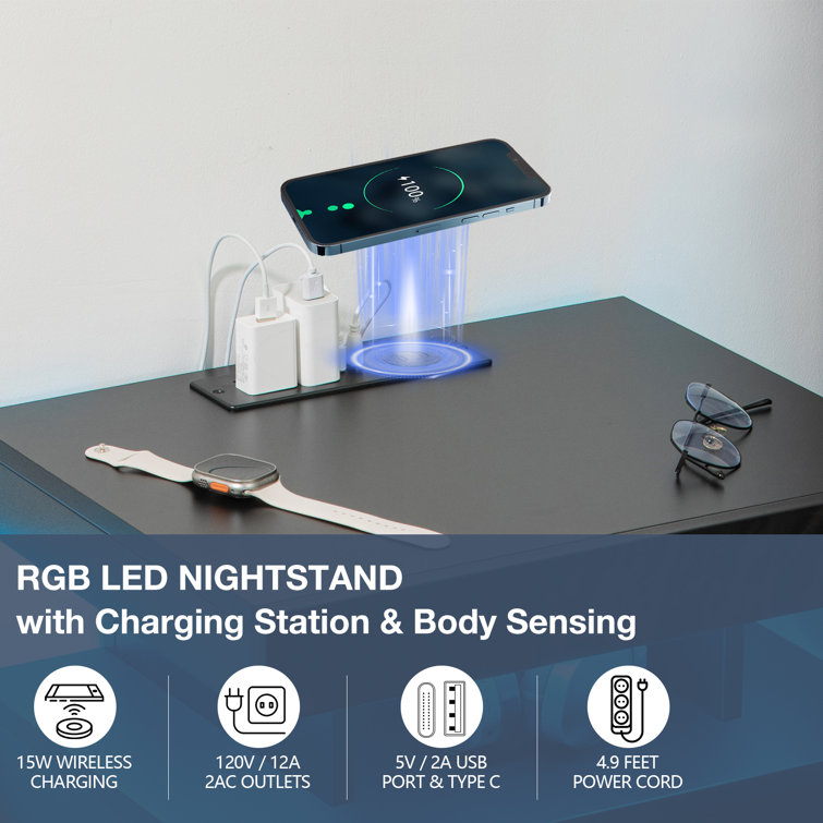 Black High Gloss LED Nightstand with Wireless Charging Station and Drawers