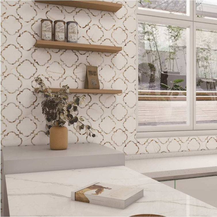 Calacatta Pearl 12" x 12" Glass Mosaic Wall Tile with Mother of Pearl Border