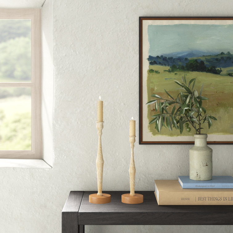 Cream and Light Brown Wood Tabletop Taper Candlestick Set