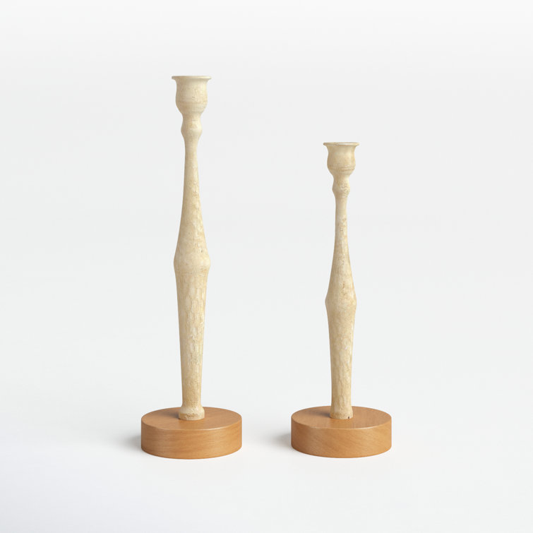 Cream and Light Brown Wood Tabletop Taper Candlestick Set