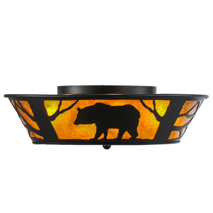Black Bear Woods 22" Black Steel Flush Mount with Amber Mica Panels