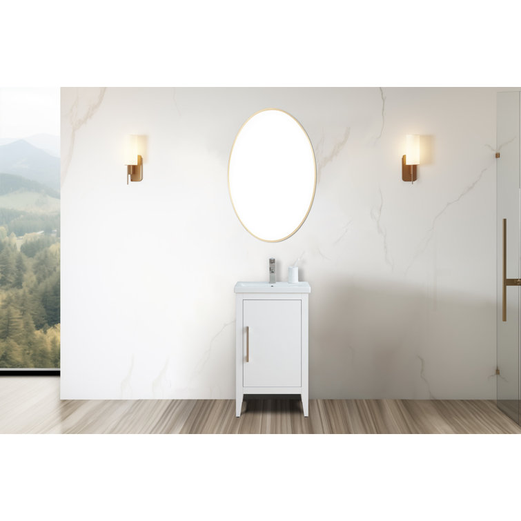 White and Golden Brushed Single Bathroom Vanity with Ceramic Top
