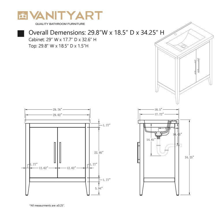 White Poplar Wood 30" Single Vanity with Golden Brushed Accents